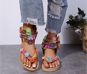 Moda çiçek flats Yaz gladyatör rahat sandalet Renkli bohemian sandalet Renkli kadın plaj flip-flop rahat