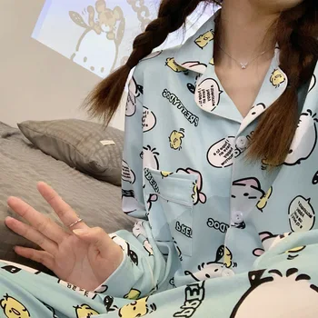 2 Adet Kawaii Sanrio Uzun Kollu Pijama Seti Karikatür Pochacco Cinnamoroll Uzun Kollu Pantolon Gevşek Rahat Gecelik Seti Hediye