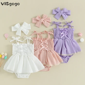 VISgogo 2 Adet Bebek Kız Romper Kıyafetler Kolsuz Yay Ön Önlüklü Romper Elbise saç bandı seti Bebek Yaz Sevimli Giysiler