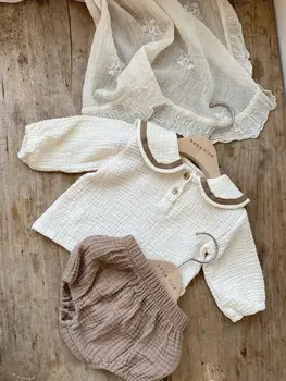 Erkek bebek Kız Giysileri Set Muslin Yaz Sonbahar Bebek Organik Pamuk Yaka Donanma Tarzı Uzun Kollu Üstleri + Şort Yenidoğan Bebek Setleri