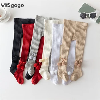 VISgogo Bebek Kız Nervürlü Örgü Tayt Sevimli Külotlu Çorap Poms ile Çorap Streç Tayt Bebekler için Sonbahar Kış Sıcak Tayt