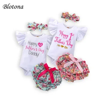 Blotona Bebek Kız babalar Günü Kıyafeti, Mektup Baskı Kısa Kollu Snaps Romper +Çiçek Külot +Kafa Bandı Yürümeye Başlayan, 0-18Months