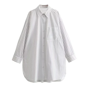 TRAF Bayan Büyük Boy Çizgili Gömlek Vintage Cep Yan Delikleri Hem Üstleri Kadın Moda Yaka Tek Göğüslü Uzun Gömlek 2023