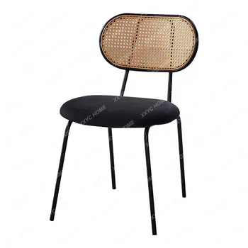 Kamış örgü yemek sandalyesi İskandinav ev basit sandalye yemek odası çalışma tasarımcı masa sandalye demir yumuşak çanta rattan sandalye