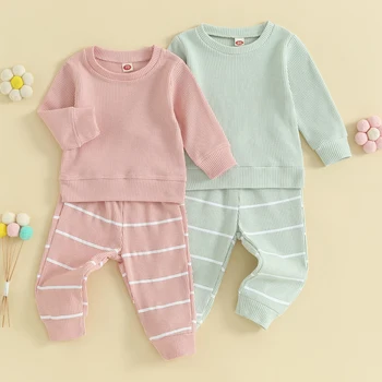 Bebek Bebek Pantolon Giyim Seti Moda 2 Parça Uzun Kollu Ekip Boyun Kazak Çizgili Sweatpants Toddler Rahat Kıyafetler