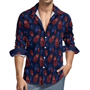 Hamsa El Gömlek Kırmızı Ve Mavi Casual Gömlek Uzun Kollu Tasarım Estetik Bluzlar Sonbahar Retro Büyük Boy Üst