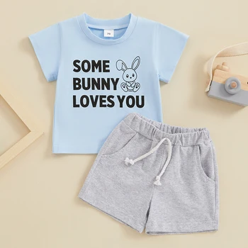 Bebek Yürüyor Boy Paskalya Kıyafet Yuvarlak Boyun Kısa Kollu Mektup Baskı Üstleri + Elastik Bel Şort 2 Parça Yaz Seti