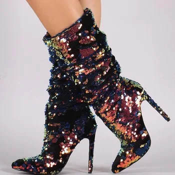 Moda Glitter Payetli Süslenmiş Kadın Diz Üzerinde Stiletto Yüksek Topuklu Sivri Burun Orta Buzağı Çizmeler Ayakkabı