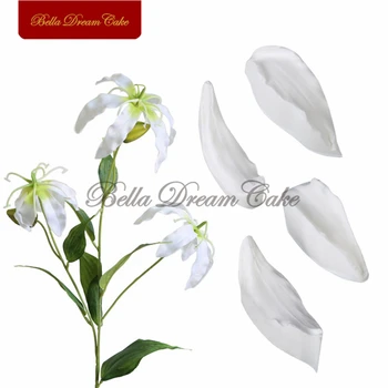 4 adet / takım Gloriosa zambak çiçeği Petal Veiner silikon kalıp DIY Fondan Kil Gumpaste Kalıp Kek Dekorasyon Araçları Mutfak Bakeware