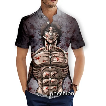 phechıon Erkek Kısa Kollu Plaj Gömlek Hanma Baki 3D Baskı Casual Gömlek Moda Streetwear Erkekler Tops X173