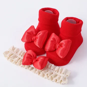 Kore Tarzı Bebek Kaymaz Çorap Bebek Kız Prenses Çorap Tatlı papyon Dekorasyon Tatlı Bebek Kız Çorap Kafa Bandı ile