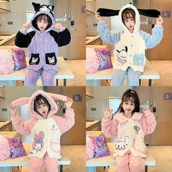 Kawaii Sanrioed Çocuk Pazen Pijama Seti Anime Kuromi Cinnamoroll Pochacco 2023 Kış Pijama Erkek Kız Çocuklar Sıcak Ev Tekstili