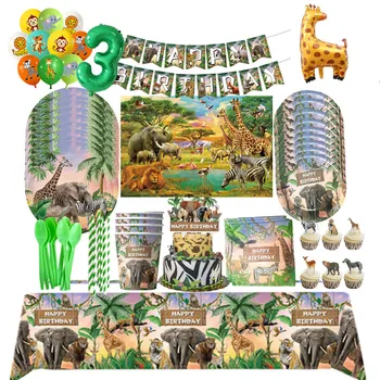 Orman Hayvan Parti Malzemeleri Tek Kullanımlık Sofra Jungle Safari Zürafa Fil Doğum Günü Partisi Süslemeleri Çocuklar Erkek Bebek Duş