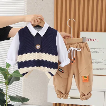 Kore Erkek Bebek Giysileri Set 2023 İlkbahar Sonbahar Karikatür Çizgili Örme Yün Yelek Beyaz Gömlek Pantolon 3 ADET Yürümeye Başlayan Çocuk Kıyafetler