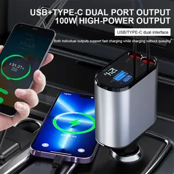 120W 4 İN 1 Geri Çekilebilir araba şarjı USB C Kablosu iPhone Huawei Samsung İçin Hızlı şarj kablosu Sigara çakmak adaptörü PD QC3. 0