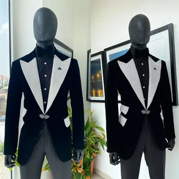 Kadife Erkek Takım Elbise Özel 2 Adet Blazer Siyah Pantolon Bir Düğme Doruğa Yaka Boncuklu İş Düğün Artı Boyutu Özel