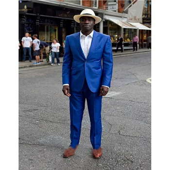 2022 Yeni Damat Çentikli Yaka Kraliyet Mavi Blazer Pantolon Bir Düğme 2 Adet Erkek Takım Elbise Resmi Düğün Erkek Takım Elbise(Ceket + Pantolon)