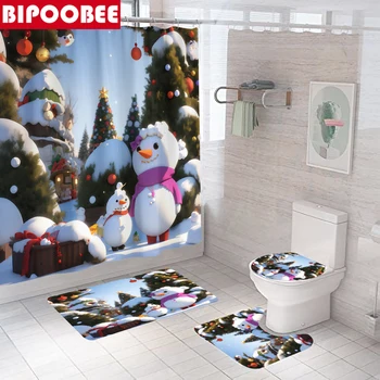 Kardan adam Noel Ağacı Duş Perdeleri Seti Merry Xmas banyo paspasları Kilim Festivali Dekor kaymaz Halı Tuvalet kapak