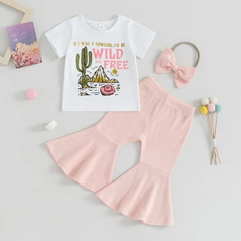 Çocuk Kız pantolon seti, Kısa Kollu Ekip Boyun Mektuplar Baskı T-shirt Flare Pantolon Kafa Bandı Yaz Kıyafeti