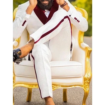 Son Beyaz Jakarlı Kadife Yaka Erkek Takım Elbise Damat Giyim Kostüm Resmi Blazer Yeni Stil Şal Yaka Kruvaze Takım Elbise