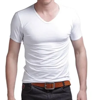 A2522 Yaz Sıcak Satış T-Shirt Yeni erkek V Boyun Üstleri Tee Gömlek Slim Fit Kısa Kollu Düz Renk günlük t-Shirt