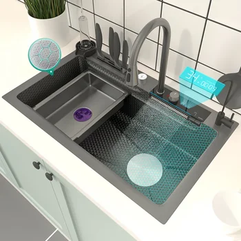 Kabartmalı dijital ekran Şelale Lavabo paslanmaz çelik mutfak lavabosu Büyük Tek Yuvalı çok fonksiyonlu lavabo Mutfak İçin