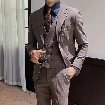 (Ceket + Yelek + Pantolon)erkek Yüksek Kaliteli Ekose iş elbisesi / Erkek Slim Fit Lüks Smokin / Erkek Damat düğün elbisesi Blazers 4XL