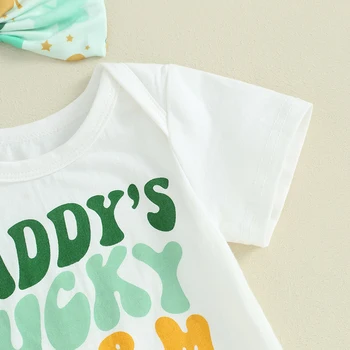 Aziz Patrick Günü Bebek Kız Kıyafet Mektubu Baskı Kısa Kollu Romper Yonca Baskı Şort Kafa Bandı 3 Adet yaz giysileri