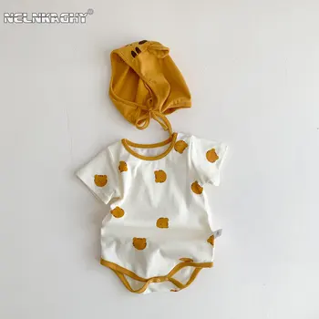 Yaz Bebek Bebek Kız Erkek Kısa Kollu Kaplan Baskı Kıyafetler Tulumlar Çocuklar Yenidoğan Pamuk Bodysuits Hediye Şapka Yürümeye Başlayan Dış Giyim