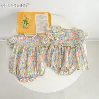 2023 Yaz Yeni Yenidoğan Bebek Kız Kısa Kollu Çiçek Tavşan Baskı Kıyafetler Bebek Çocuk Tek parça Toddler Pamuk Bodysuits