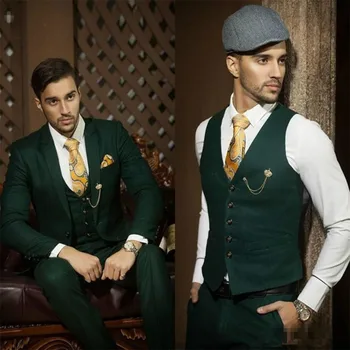3 adet Koyu Yeşil Ceket Pantolon Yelek erkek Takım Elbise Düğün için Çentikli Yaka Custom Made Takım Elbise Özel Parti Giyim Erkek Takım Elbise Blazer