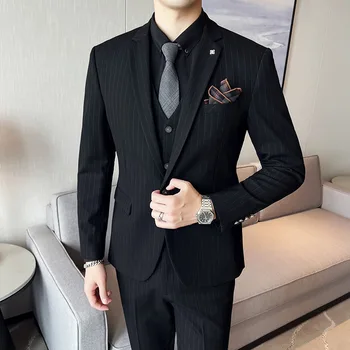2023 Moda yakışıklı (takım elbise + yelek + pantolon) ince ince iş rahat büyük boy high-end yakışıklı erkek üç parçalı takım elbise