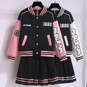 MODX Kız Giyim Bahar Genç Kız Loungewear Takım Elbise Beyzbol Üniforma Ceket Ceket + Pilili Etek 2 adet JK Kıyafetler 3-14 Y