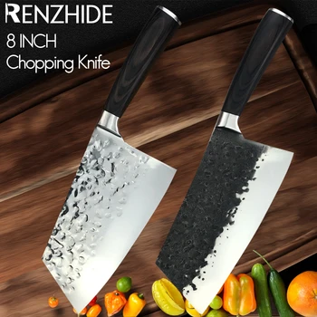 RZD Paslanmaz Çelik Mutfak Pişirme Aracı Bıçak Tam Tang Cleaver Kemiksi Saplı Dilimleme Et Sebze Meyve Ahşap Saplı Aksesuar