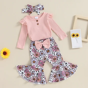 Toddler Bebek Kız Sonbahar Giysileri Set Nervürlü Uzun Kollu Romper ve Elastik Çiçek Alevlendi Pantolon saç bandı seti