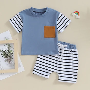 Yenidoğan Erkek Bebek şort takımı yaz giysileri Kısa Kollu Ekip Boyun T-shirt Çizgili Şort Kıyafet Bebek Giyim