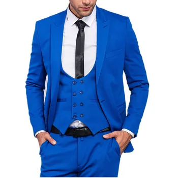Slim fit uzun kollu erkek gömlek Takım Elbise Mavi Yelek Düğün Sahne Takım Elbise Ceket Şenlikli Parti Özelleştirilmiş üst + pantolon + tank top