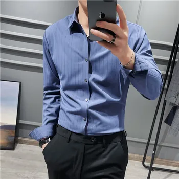 Yüksek Kaliteli Yaz Uzun Kollu Çizgili Gömlek Erkekler İçin Giyim Basit Lüks Slim Fit İş Rahat resmi giysi Bluzlar S-4XL